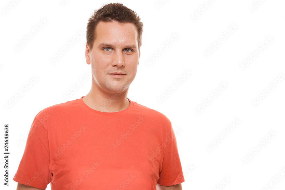 Fototapeta premium Portrait of handsome young man red t-shirt isolated