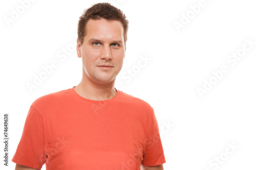 Portrait of handsome young man red t-shirt isolated