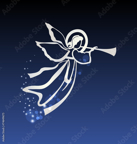 Angel playing trumpet in a night sky