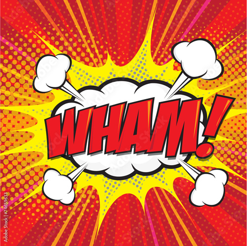 WHAM! wording in comic speech bubble in pop art style
