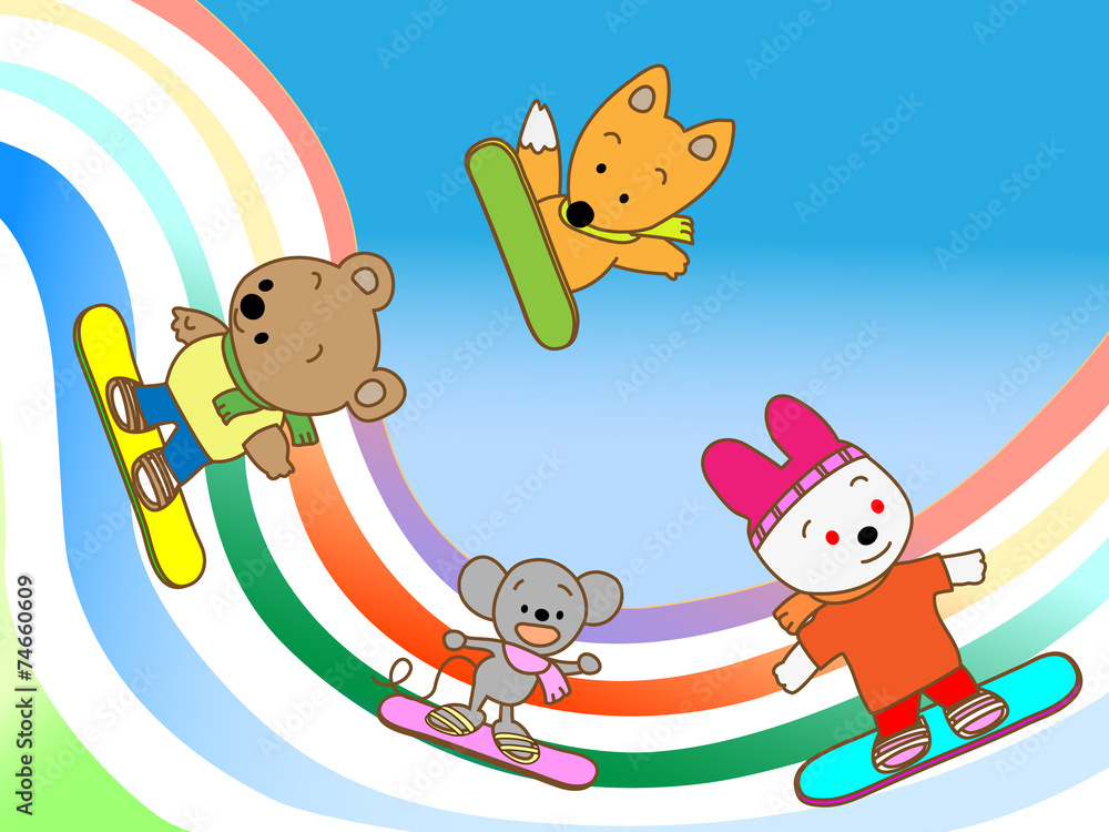 Obraz premium 動物たちのスノーボード