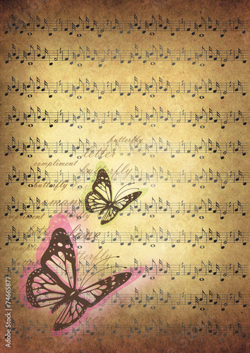 vintage music notes paper with butterflies photo