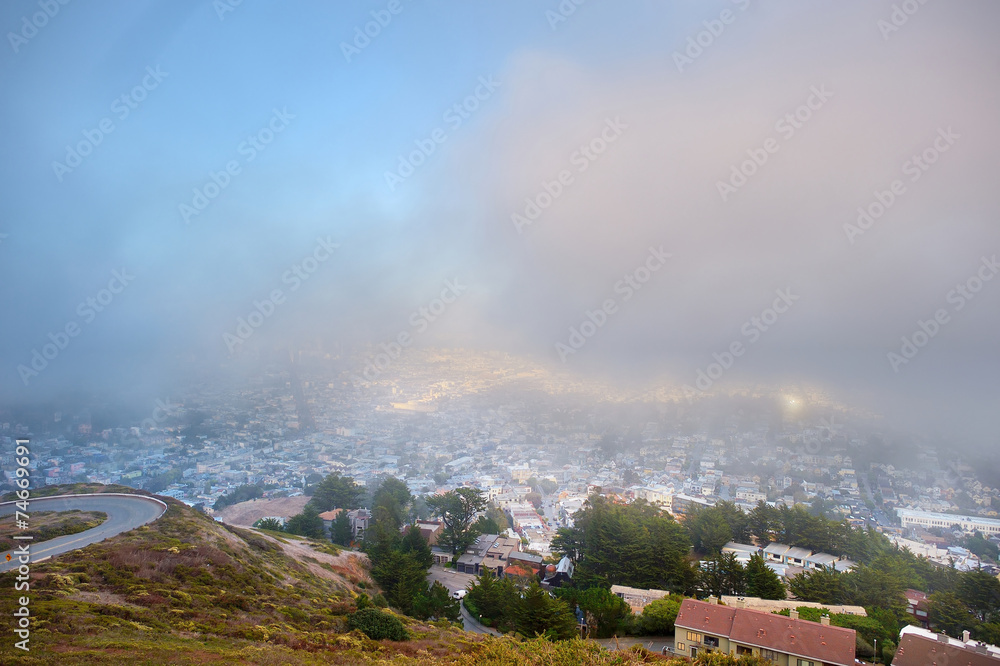 Beautiful misty view of downtown of San Francisco