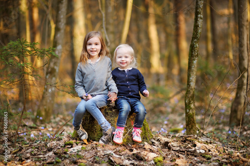 Two sisters picking the first flowers of spring