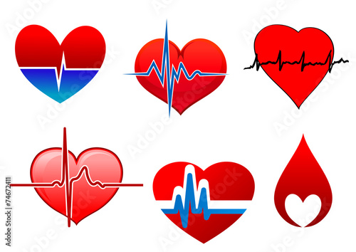 Cardiology symbols and signs with red hearts
