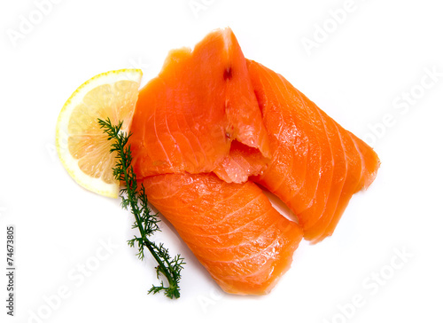 Smoked salmon from above on white background