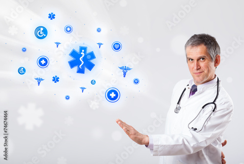 Doctor with blue medical icons