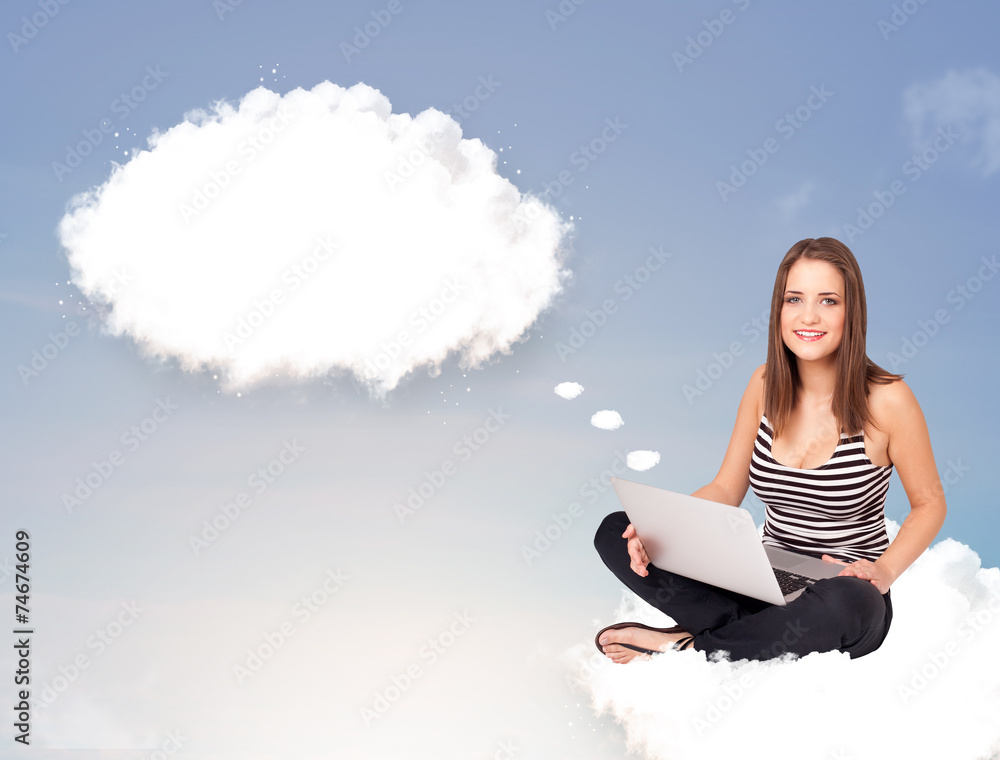 Young girl sitting on cloud and thinking of abstract speech bubb Young girl sitting on cloud and thinking of abstract speech bubb