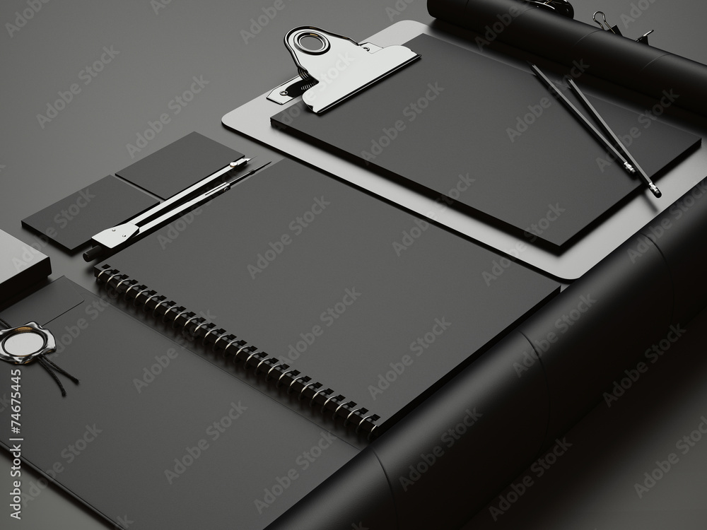 Set of black identity elements on dark paper background Set of black identity elements on dark paper background