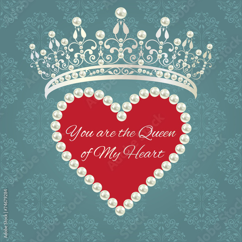 Damask pattern with tiara and heart of pearls with sample text