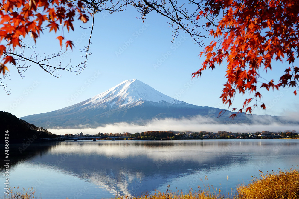 Mountain Fuji Kawaguchiko lake Japan with red maple leaf