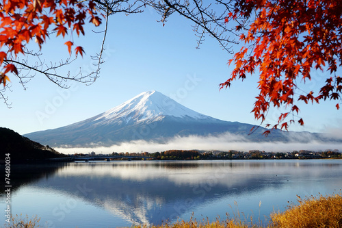 Mountain Fuji Kawaguchiko lake Japan with red maple leaf © photobuay