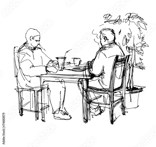 sketch of two friends in a cafe at a table drinking tea coffee