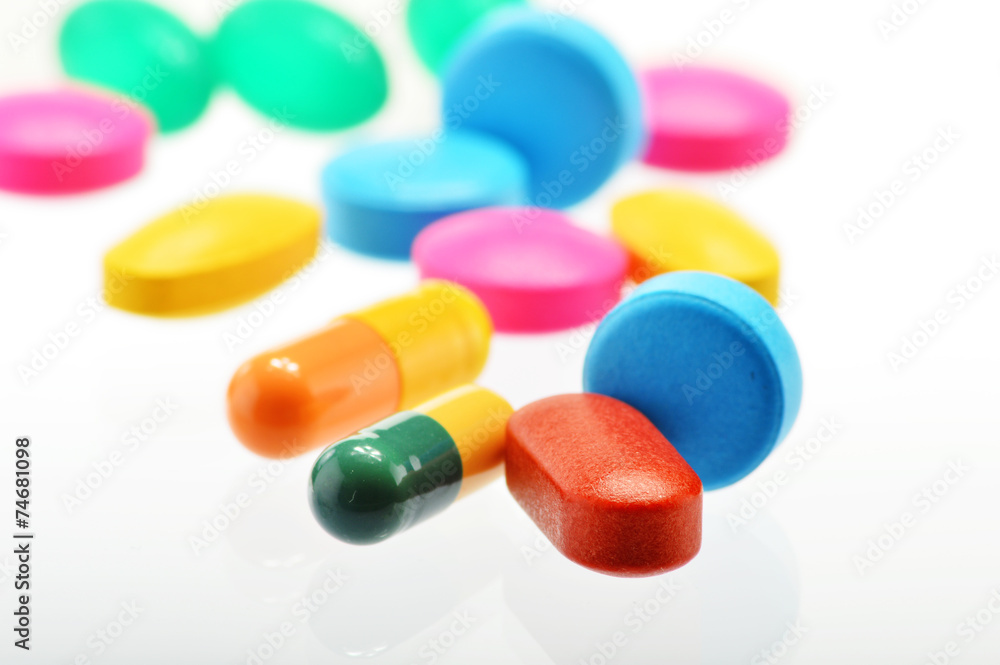 Composition with variety of drug pills and container Composition with variety of drug pills and container