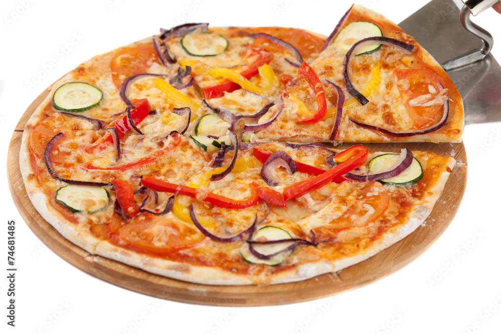 Homemade vegetable pizza on white Homemade vegetable pizza on white