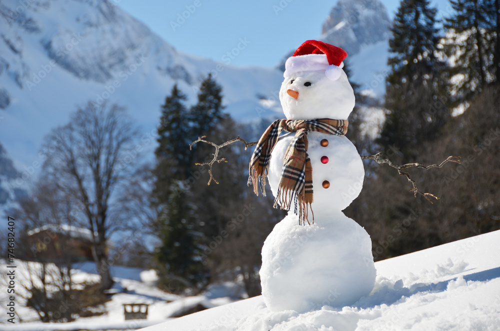 Obraz premium Snowman against Alpine panorama