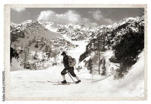 Black and white photos, Skier with vintage skis