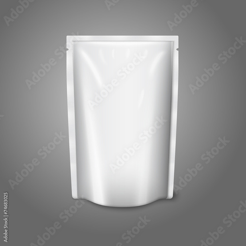 Blank white realistic plastic pouch isolated on grey background