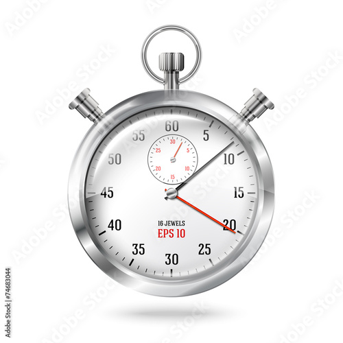 Silver bright stopwatch clock isolated on white background.
