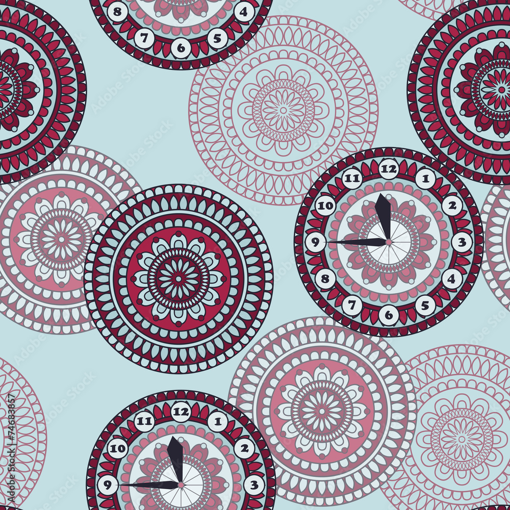 Fototapeta premium Vector Seamless Pattern with clock and rounded ornament