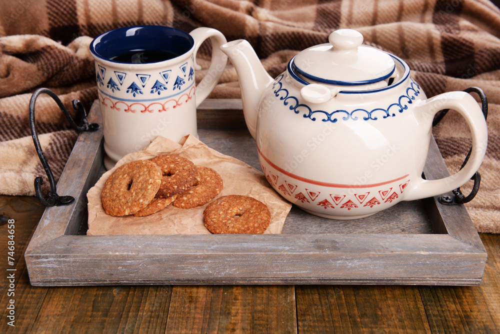 Cup of tea with cookies on table close-up Cup of tea with cookies on table close-up