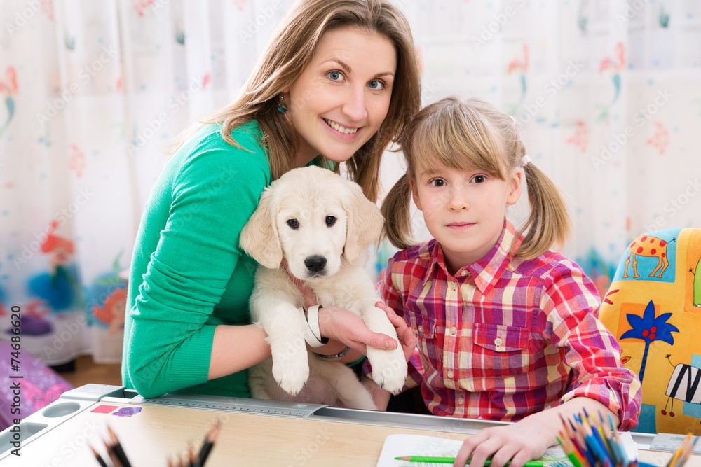 Happy mother, daughter and dog Happy mother, daughter and dog