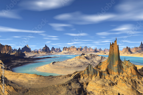 3D rendered fantasy alien planet. Rocks and lake