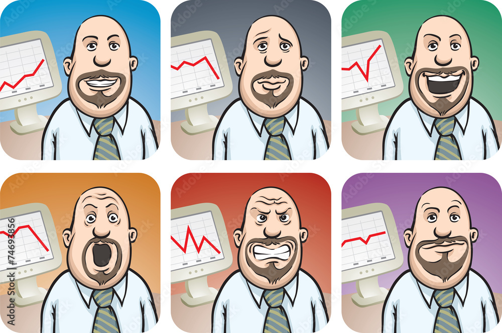 Bearded Businessman with Chart on display in various emotions Bearded Businessman with Chart on display in various emotions