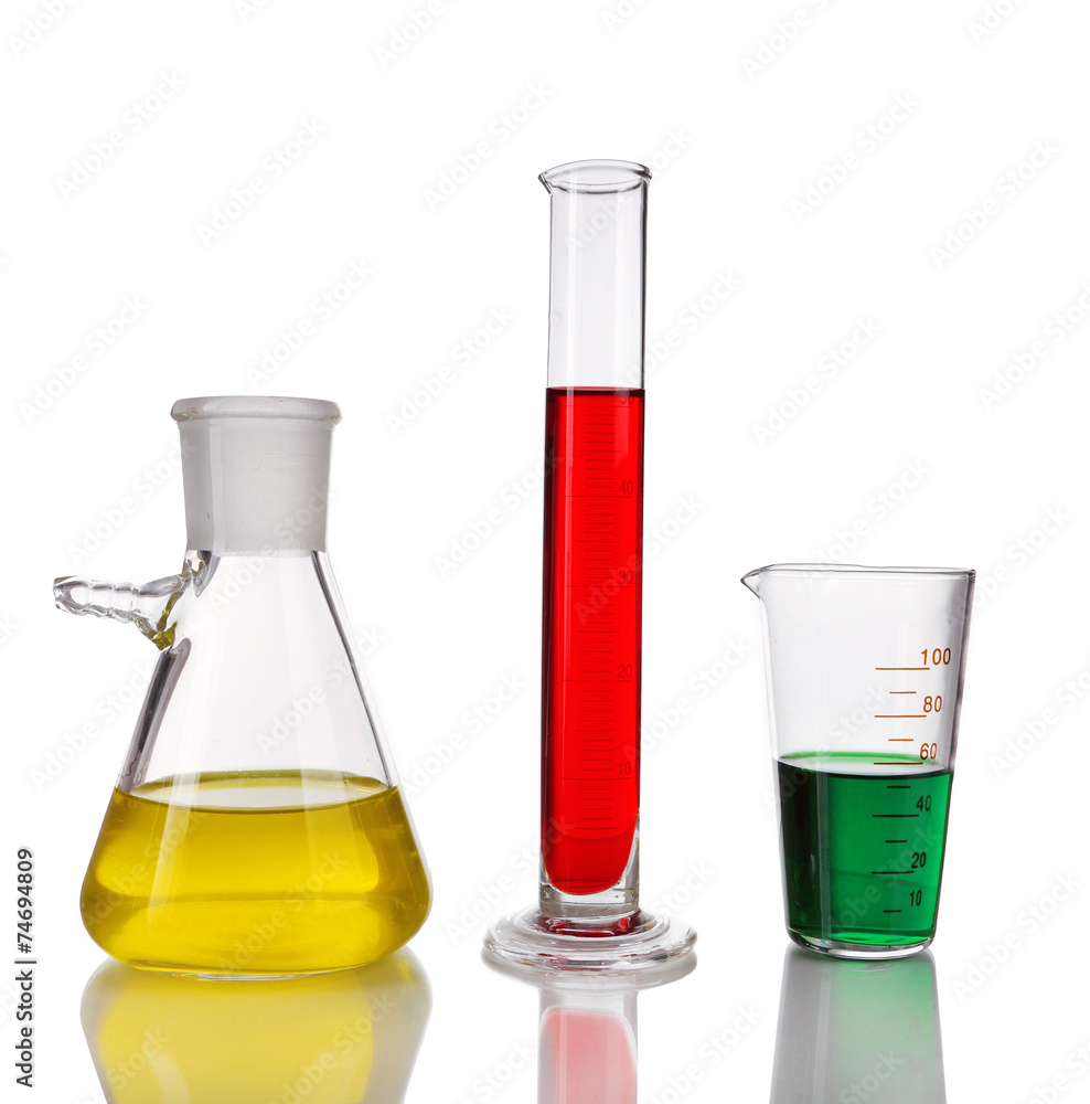 Test-tube and flasks with colorful fluid on light background Test-tube and flasks with colorful fluid on light background