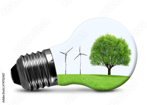 Eco bulb with wind turbines and tree isolated on white