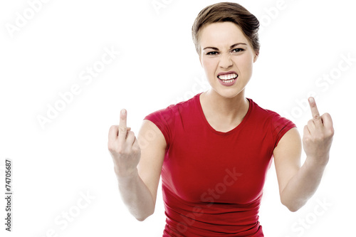 Εκτύπωση καμβά Young woman making obscene hand gesture