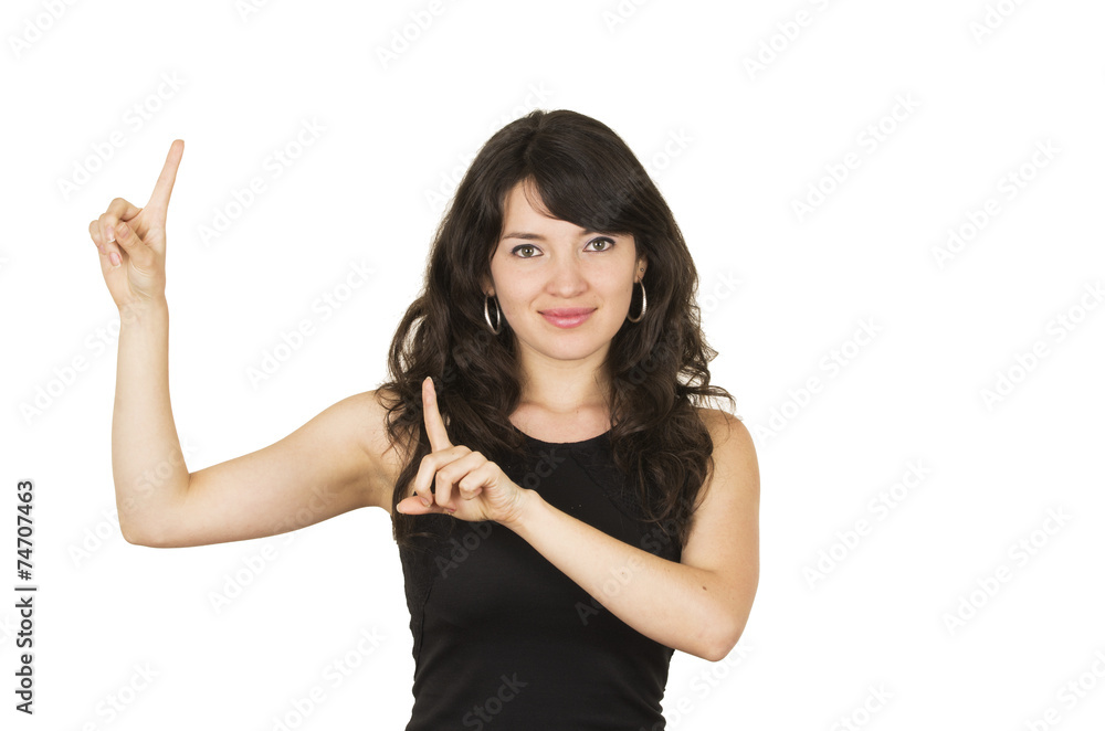 beautiful young brunette woman with black top posing holding beautiful young brunette woman with black top posing holding
