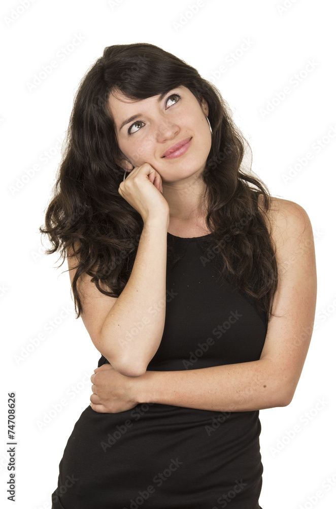 beautiful young brunette woman with black top posing hand on beautiful young brunette woman with black top posing hand on