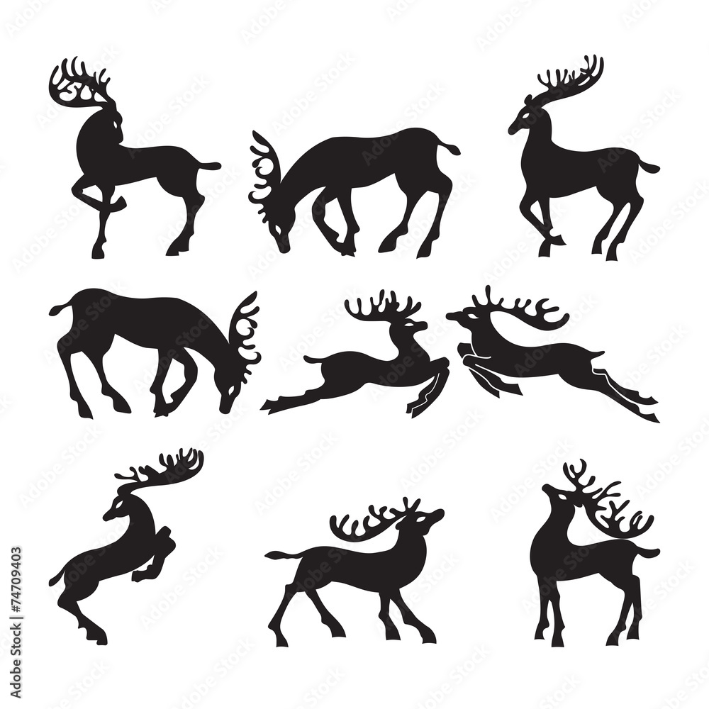 Collection of silhouettes of deer in different positions.