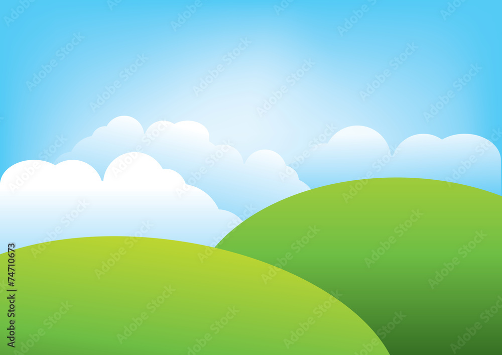 Natural landscape- Green hills and fluffy clouds