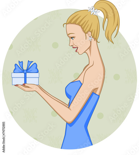 Happy blonde girl receiving a wrapped gift, on oval background