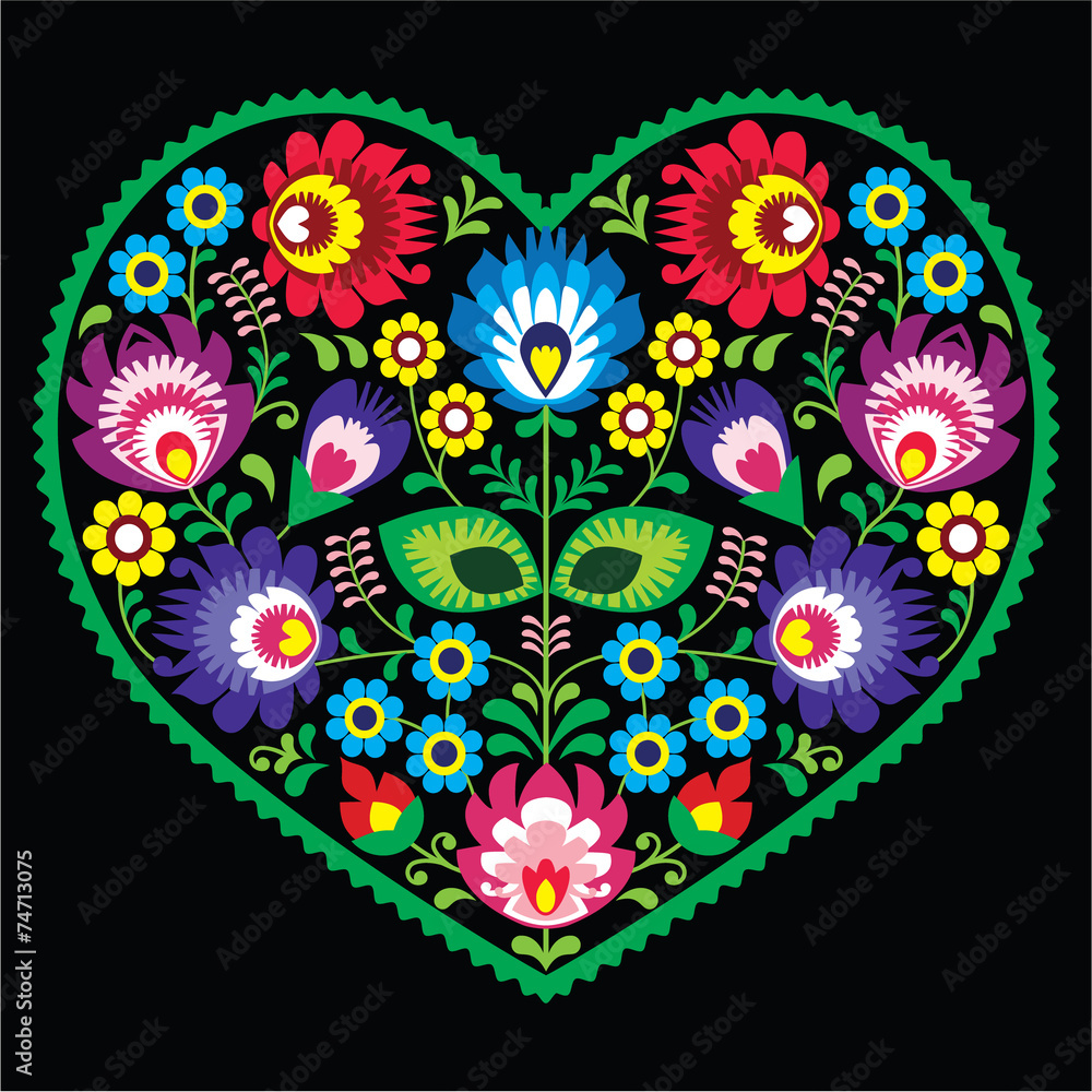 Polish folk art art heart with flowers - Wycinanki on black Polish folk art art heart with flowers - Wycinanki on black