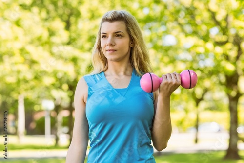 Fit blonde lifting dumbbells in the park