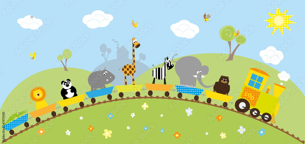 zoo train with wild animals/ colorful background