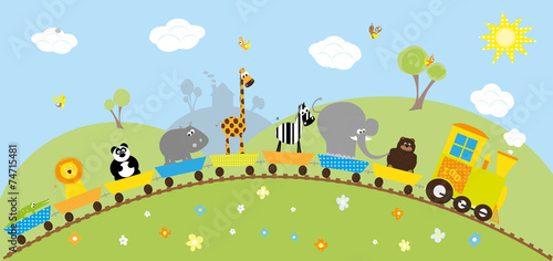 zoo train with wild animals/ colorful background