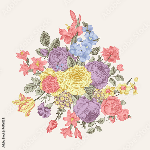 Fototapeta Naklejka Na Ścianę i Meble -  Floral card. Bouquet of roses, lily and anemone.