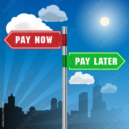 Road sign with words Pay Now, Pay Later, vector