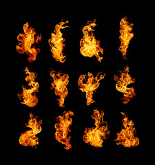 High resolution fire collection isolated on black background