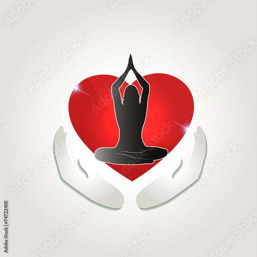 Healthy human health care symbol. Woman in yoga pose and abstrac