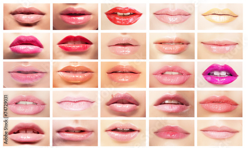 Female's Mouths. Set of Women's Lips. Bright Makeup & Cosmetics