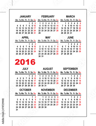 Pocket calendar 2016 template