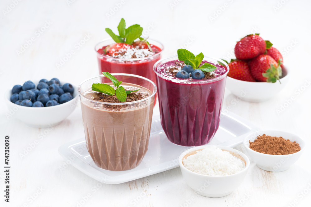 Assorted milkshakes - strawberry, blueberry and chocolate Assorted milkshakes - strawberry, blueberry and chocolate