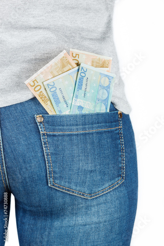 Euro. Paper money in the pocket of jeans.