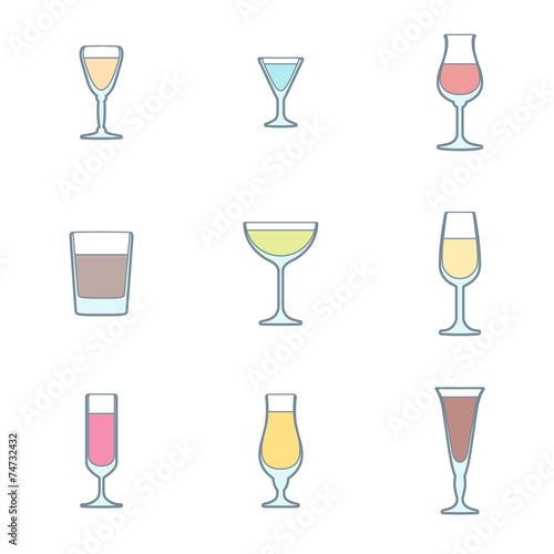 vector colored outline alcohol glasses icon set