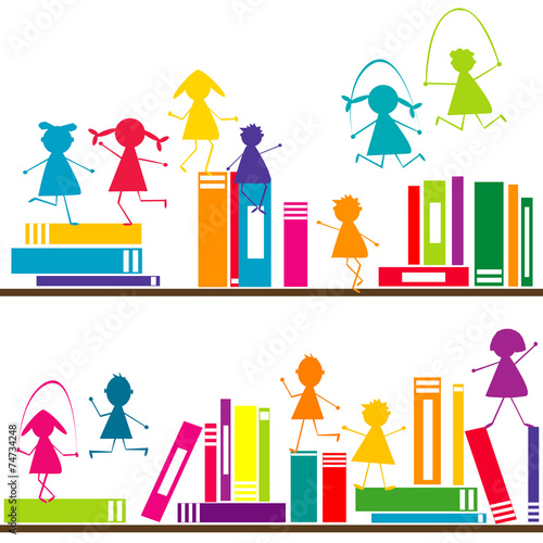 Cartoon children playing on book shelves